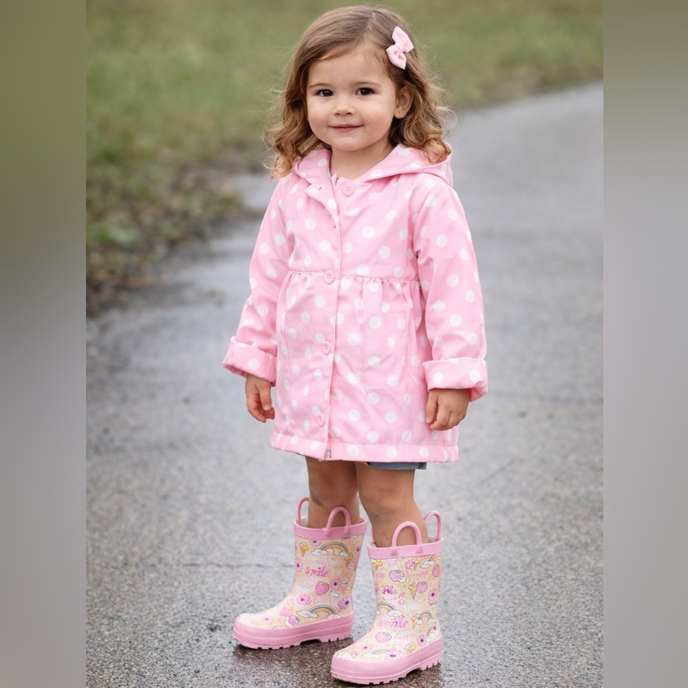 Pink Kids Rain Boots with Rainbow & Strawberry Print size 9/10